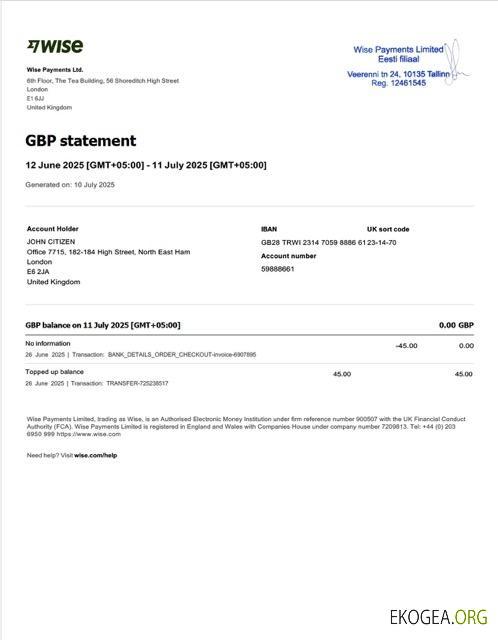 Modèle Word et PDF de relevé de compte UK Wise Payments